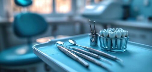 Dental Tools on White Tray in Modern Dentist Office with Blue Chair and Natural Light