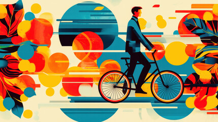 Fototapeta premium Businessman Riding Bicycle Through Abstract Landscape of Vibrant Circles Foliage and Motion Lines in Creative Illustration