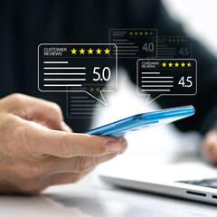 Customer review satisfaction feedback concept. Man evaluate quality of service for business ranking
