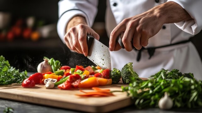 Expert chef skillfully chopping vibrant vegetables on a wooden board in kitchen