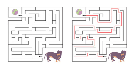 Square maze for kids with cartoon Dog. Educational maze with cute cartoon dog looking for a ball. Puzzle Game with answer. Learning Labyrinth conundrum. Education worksheet. Activity page. Logic Games