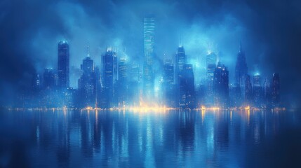 Fototapeta premium Futuristic Cityscape with Sleek Skyscrapers and Reflective Water Surface Under Clear Blue Sky