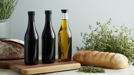 Three dark glass bottles with black caps alongside fresh herbs, loaves of bread, and olive oil bottle on wooden board; concept for cooking, food blogging, and culinary branding