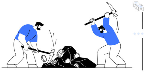 Two workers using a hammer and pickaxe to crush large rocks, emphasizing teamwork, effort, and labor. Ideal for teamwork, construction, mining, effort hard work collaboration manual labor. Flat