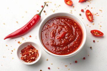 Top-down view of red chili sauce in a white bowl, accented with red chilies and scattered spices, culinary image