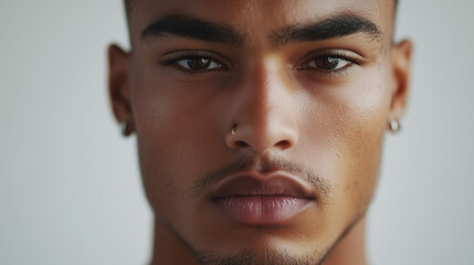 Close-up portrait of a young man with nose and ear piercings for modern fashion and identity concepts