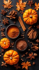 Autumnal spice and pumpkin harvest display.  Small pumpkins, cinnamon sticks, spice powders, star anise, and autumn leaves arranged on a dark surface