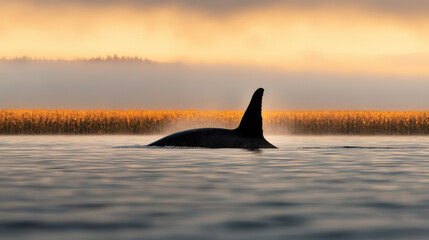 Fototapeta premium Surreal Environmental Warning, whale silhouette glides over calm waters at dawn, surrounded by golden fields