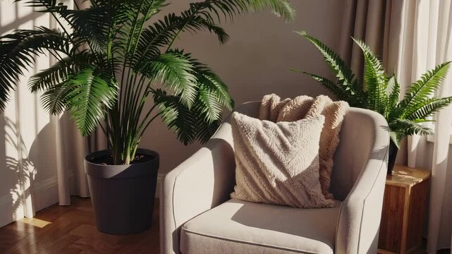 Coin lecture cosy avec fauteuil clair, coussin textur&eacute; et plantes vertes en pot, &eacute;clair&eacute; par la lumi&egrave;re naturelle du matin &agrave; travers de grands rideaux &ndash; ambiance zen et chaleureuse