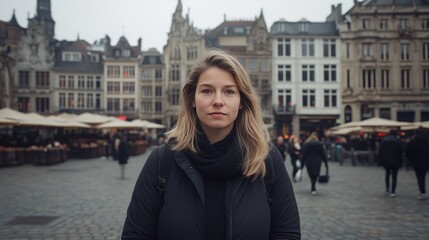 Fototapeta premium Woman standing in a bustling European city square