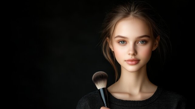 Beauty model applying makeup with brush indoor studio elegant portrait soft lighting focus on lipstick and glow