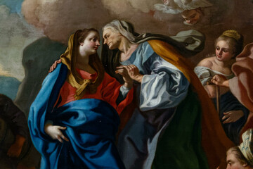 Painting (19th century) of Visitation of the Virgin Mary to her pregnant cousin Elizabeth. .