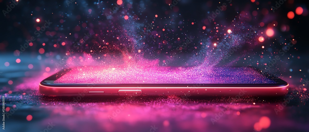 Leinwandbilder Exploding data particles from a futuristic smartphone, AIpowered technology, digital speed concept, vibrant neon light effects, mobile innovation, hyperrealistic, 8K render