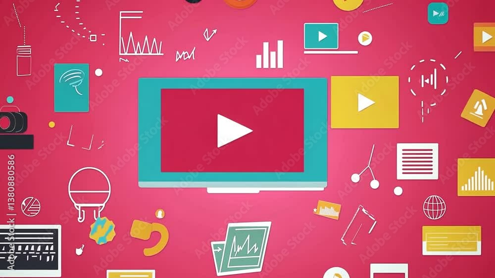 Poster flat video player background design with colorful graphics and icons generative ai