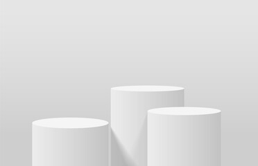 Abstract clean realistic 3d white cylinder podium. Minimal scene for product mockup. Vector geometric form design. 3d stage for product presentation. Studio room with pedestal. 3d vector rendering.