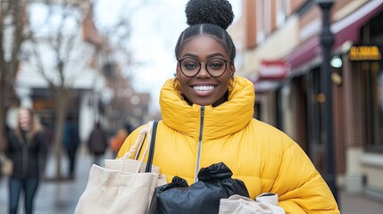 Fototapeta premium Stylish woman in yellow puffer jacket enjoying a shopping day