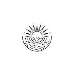 Minimalist Sun and Earth Line Art Logo on White Background