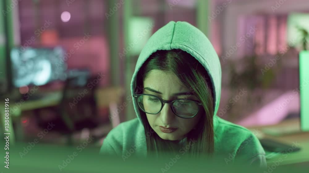 Poster Hacking, business and woman in information technology with computer for cyber crime, system and fraud. Office, hacker and theft with malware attack for unauthorised, server access and network breach