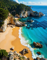 A stunning beach with golden sand meets turquoise waters, framed by rugged cliffs and rock formations 