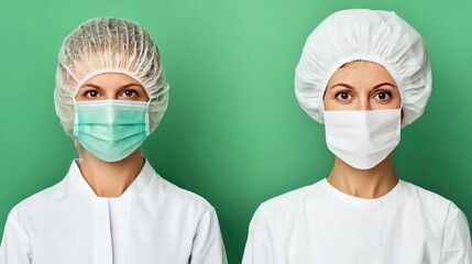 Medical professionals in protective gear against green backdrop