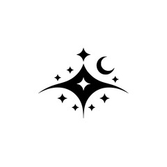 Celestial Icon: Black Starburst & Crescent Moon on White