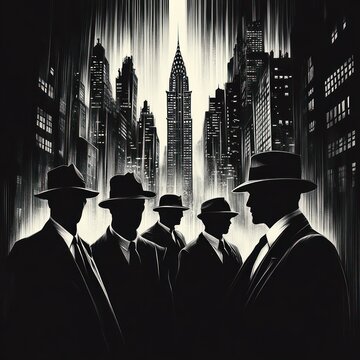 noir urban scene with mobsters in vintage suits and fedoras against city skyline