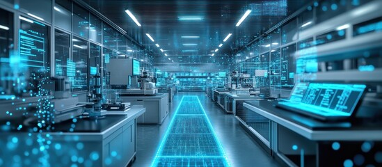 Futuristic lab research facility corridor, digital data overlay,  science background