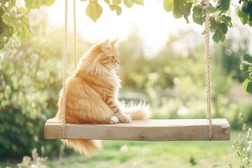 Cat on Wooden Swing Under Sunlight in a Lush Green Garden