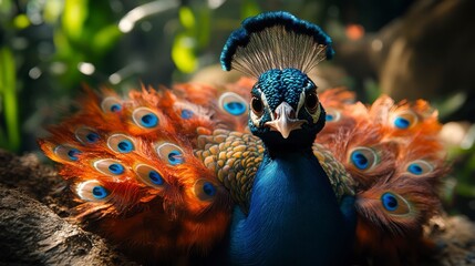 Striking peacock displaying vibrant feathers. Intense gaze