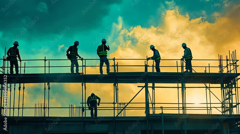 Poster future building construction project with engineers at sunset generative ai