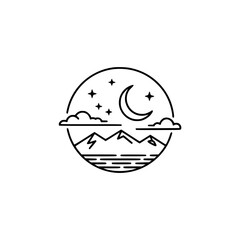 Minimalist Night Landscape Circle Icon - Mountains, Moon, Stars
