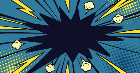 Comic Book Style Explosion Background, Pop Art Design, Dynamic Rays, Blast Effect, Yellow Lines, Blu