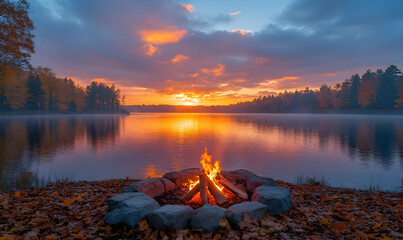Autumn sunset lakeside campfire