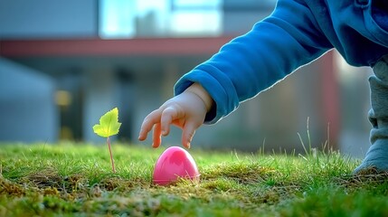 Child hand reaching for pastel plastic egg on grass during Easter egg hunt outdoors, spring celebration poster