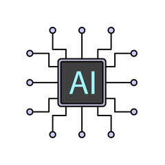 Illustration of an AI chip. Depicting artificial intelligence technology with a microchip design and connected circuits, symbolizing advanced computing and machine learning.