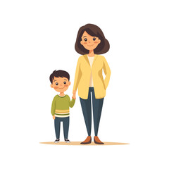 Obraz premium Mother Holding Son's Hand Vector Illustration. Vector illustration of a smiling mother holding her son's hand, showcasing a warm and affectionate family moment. Both characters express happiness