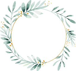 Obraz premium Elegant Watercolor Greenery Circle Frame, Gold Accents, Botanical Wreath