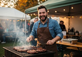 A joyful chef grilling delicious steaks at a vibrant outdoor food festival, warm evening light illuminating the scene.