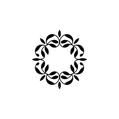 Elegant Circular Floral Ornament, Black Foliage on White
