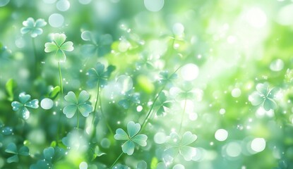 Fototapeta premium Delicate clover plants in a bright, spring-like setting. Soft, glowing light filters through the foliage
