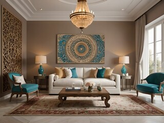 Wallpaper representing a living room in an African and oriental style.