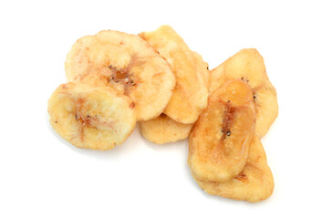 Banana chips on white background 