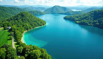 Naklejka premium Distinctive shoreline creates geometric lake shape, image, stock, water