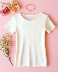 elegant stylist summer An elegant white t-shirt displayed with dried flowers and a hair accessory on a pastel pink background.