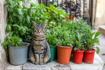 Cat Sitting Amidst Vibrant Potted Herbs and Greenery in Garden