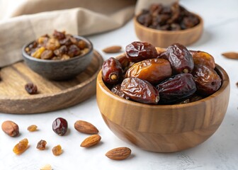 A healthy snack bowl with dried fruit, nuts, and raisins, an organic mix of sweet and dry ingredients