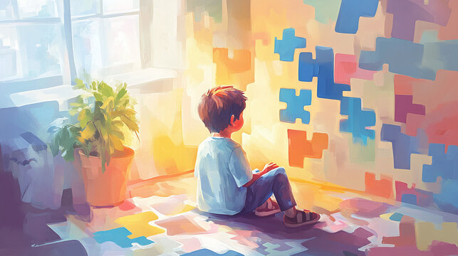 confused autistic little boy, autism awareness concept,  lonely overwhelmed kid in front of puzzle world children book illustration style, colored mental health painting