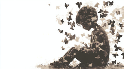 a little child illustration monochrome black and white on white background, 2d drawing, bullying victim awareness loneliness concept childhood