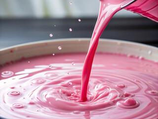 The pink liquid pours vigorously. Ink. Chemical. Pigment. Vivid. Cute.