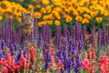 Cat Sitting Among Vibrant Flowers in Colorful Garden Landscape